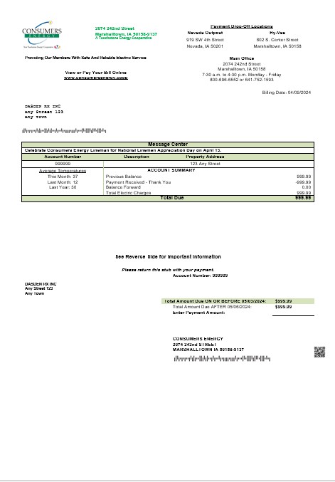 USA Consumers Energy business utility bill template in Word and PDF formats